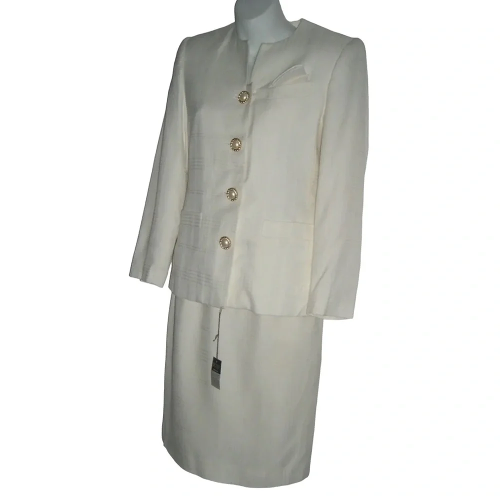 Vintage 90's Petite Sophisticate Suit Plaid Ivory Pearl Buttons Blazer Suit NWT - Picture 5 of 16